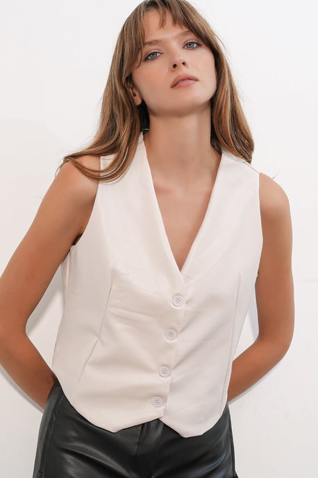Kunstleder V-Ausschnitt Knopfbesteckter Crop-Top-Weste - Image 3