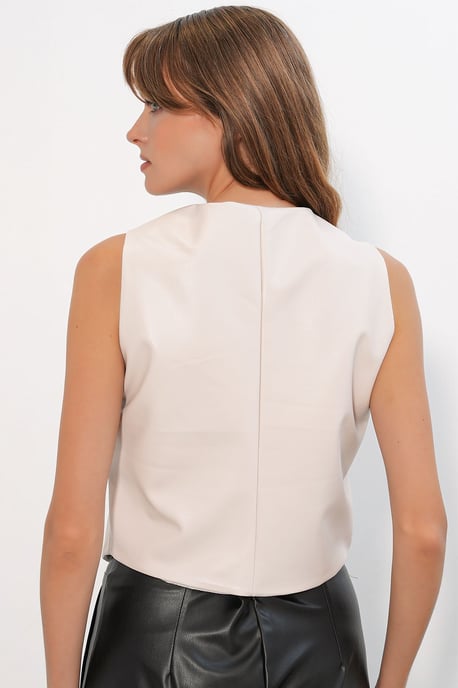 Kunstleder V-Ausschnitt Knopfbesteckter Crop-Top-Weste - Image 6