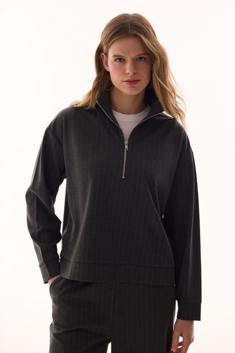Übergroßer gestreifter Halb-Reißverschluss Sweatshirt - Image 1