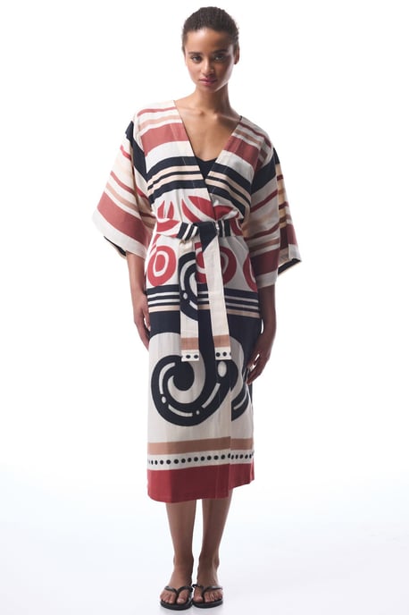 Baumwoll-Geometrischer Maxi-Kimono mit Gürtel - Image 1