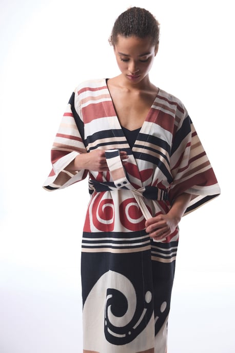 Baumwoll-Geometrischer Maxi-Kimono mit Gürtel - Image 3