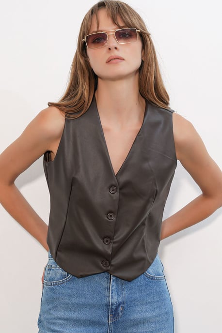 Kunstleder V-Ausschnitt Knopfbesteckter Crop-Top-Weste - Image 2