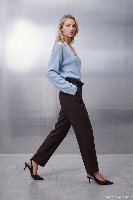 Damen V-Ausschnitt Rippstrickpullover - Image 1