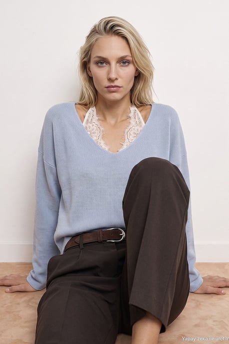 Damen V-Ausschnitt Rippstrickpullover - Image 2