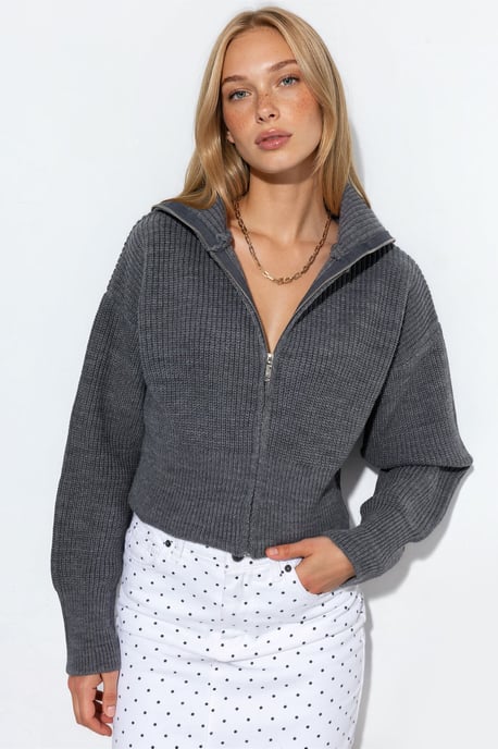 Damen Cropped Gerippter Reißverschluss Cardigan - Image 1