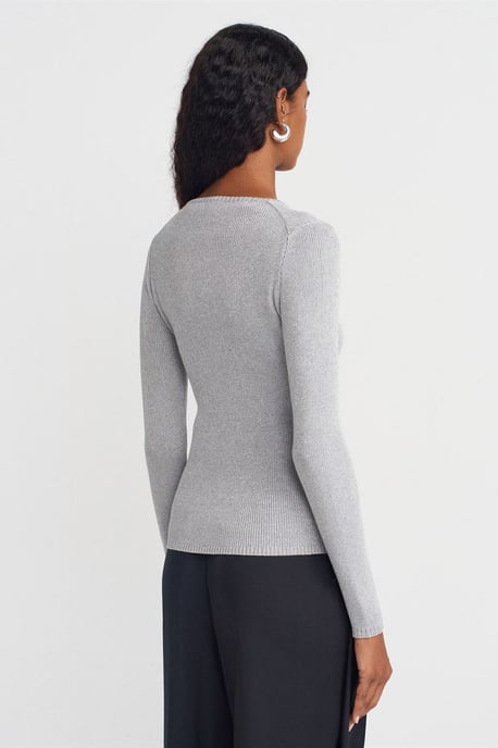 Damen Slim Fit V-Ausschnitt Gerippter Pullover - Image 2