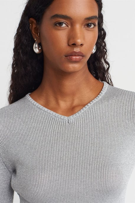 Damen Slim Fit V-Ausschnitt Gerippter Pullover - Image 3