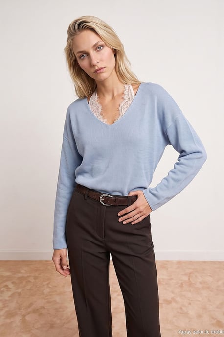 Damen V-Ausschnitt Rippstrickpullover - Image 4
