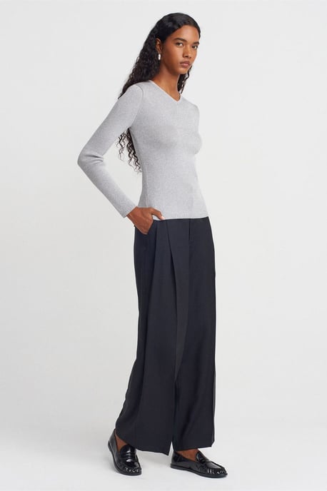 Damen Slim Fit V-Ausschnitt Gerippter Pullover - Image 4
