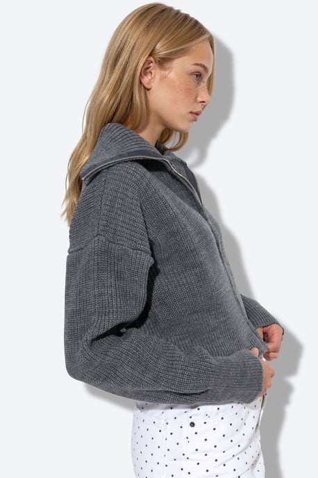 Damen Cropped Gerippter Reißverschluss Cardigan - Image 3