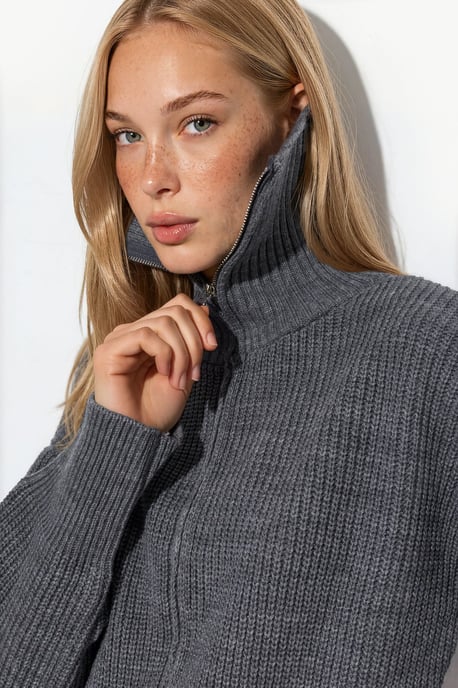 Damen Cropped Gerippter Reißverschluss Cardigan - Image 4