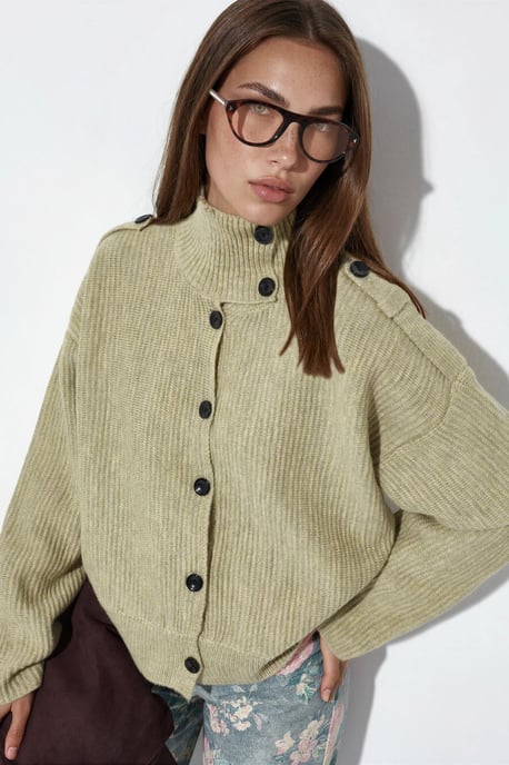 Geripptes Halbhochkragen-Button-Cardigan - Image 1