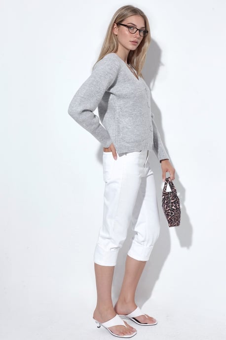 Damen Rippstrick V-Ausschnitt Knopfpullover - Image 4