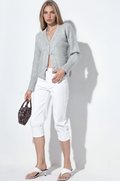 Damen Rippstrick V-Ausschnitt Knopfpullover - Image 5