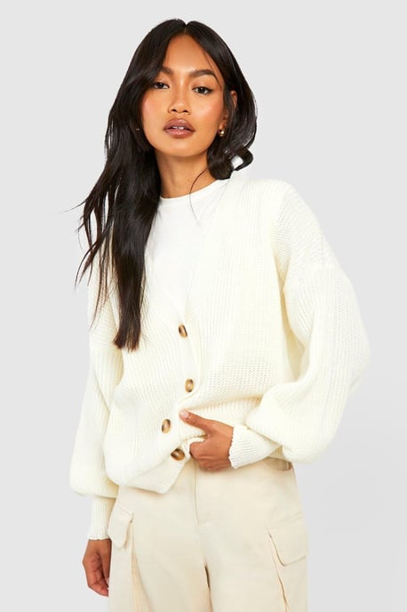 Balloon Sleeve Button Through Rib Cardigan - Image 1