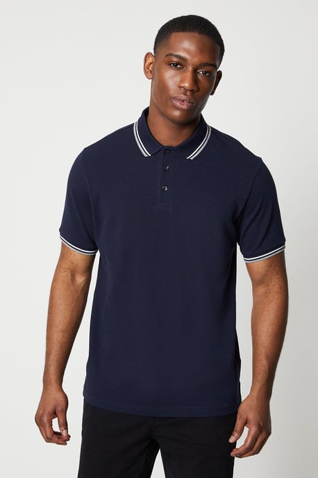 2 Pk Pure Cotton Tipped Polo Shirts White/navy - Image 2