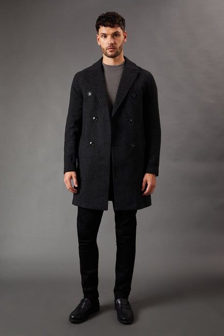 Charcoal Double Breasted Wool Blend Coat - Image 2