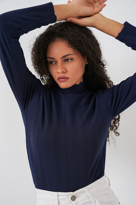 Rippstrick-Halbkragen Langarm-Bodysuit - Image 2