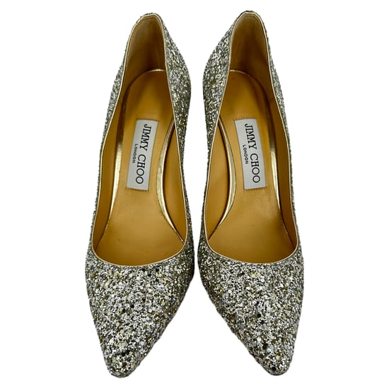 Jimmy Choo Romy 85 Glitzerpumps aus silbernem Leder - Image 3