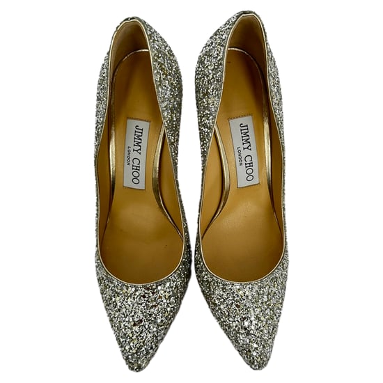 Jimmy Choo Romy 85 Glitzerpumps aus silbernem Leder - Image 4