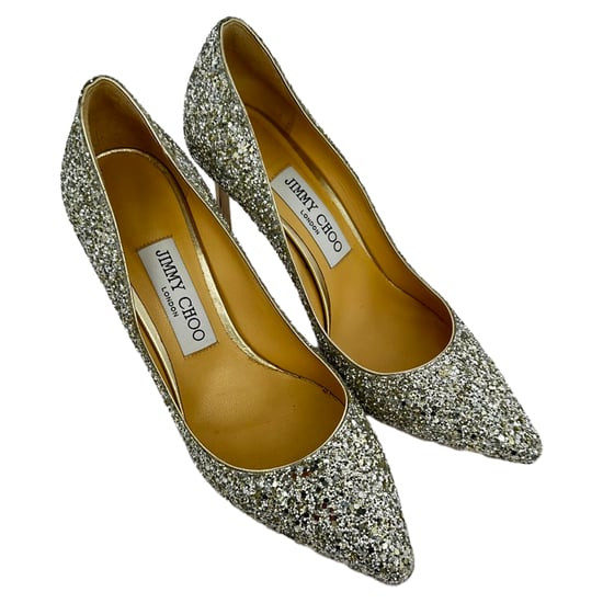 Jimmy Choo Romy 85 Glitzerpumps aus silbernem Leder - Image 5