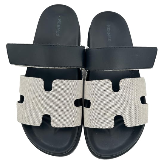 Hermès Chypre Sandalen aus weißem und schwarzem Canvas und Leder - Image 3