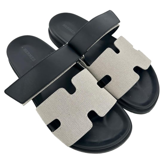 Hermès Chypre Sandalen aus weißem und schwarzem Canvas und Leder - Image 6