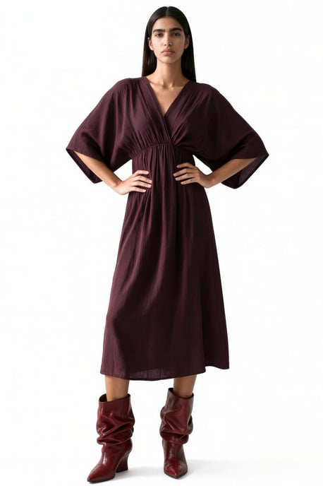 V-Ausschnitt Midikleid mit Wickeloptik und drei Viertelärmeln - Image 1