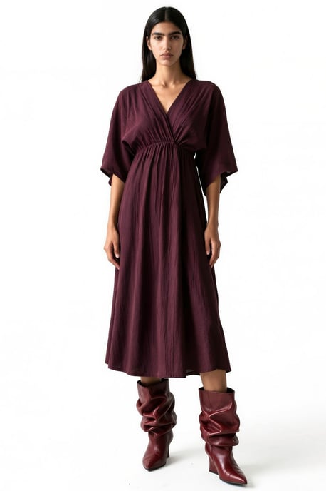 V-Ausschnitt Midikleid mit Wickeloptik und drei Viertelärmeln - Image 4
