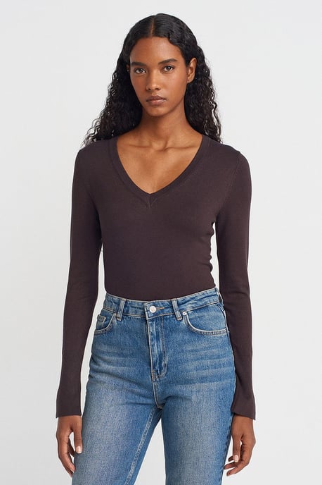 Damen V-Ausschnitt Strickpullover mit seitlichem Schlitz - Image 1