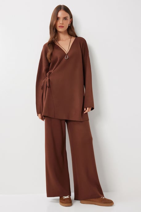 Oversized V-Ausschnitt Strickwaren Zweiteiliges Set mit Bindung - Image 1