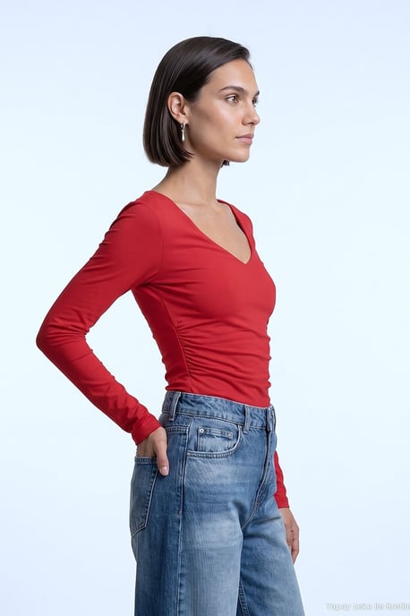 Schmale Passform V-Ausschnitt Strickbluse - Image 1
