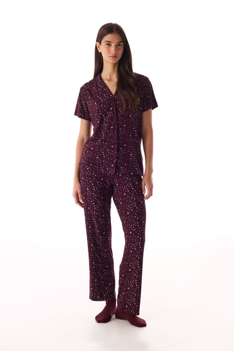 Leoparden-geripptes Kurzarmshirt und Hose Pyjama-Set - Image 1