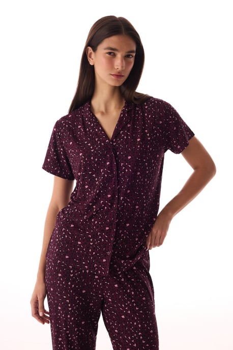 Leoparden-geripptes Kurzarmshirt und Hose Pyjama-Set - Image 2