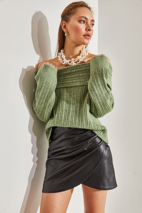 Schulterfreier gerippter Strickpullover - Image 3