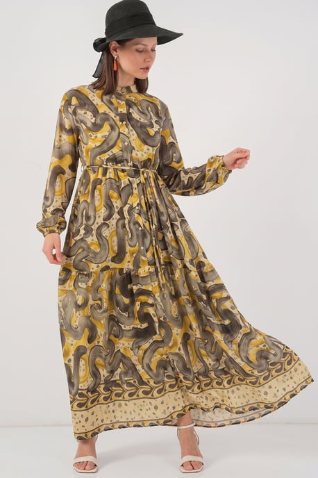Knopf-Front Maxi-Kleid mit Taillenband - Image 1