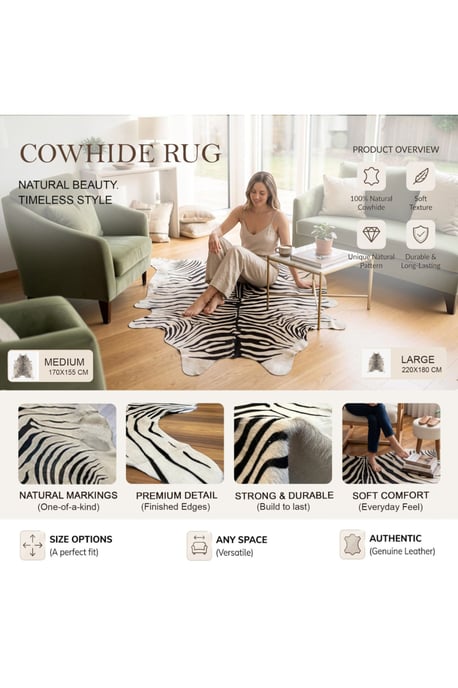 Natuurlijk rundleer, echt leer, zwart-wit zebraprint, koeienhuid vloerkleed - Zebra - Image 3