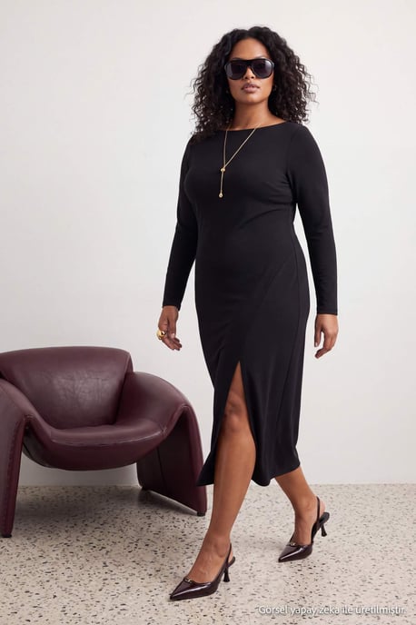 Trendyol Curve Damen Midi-Bodycon-Kleid, einfarbig, große Größen - Schwarz - Image 1
