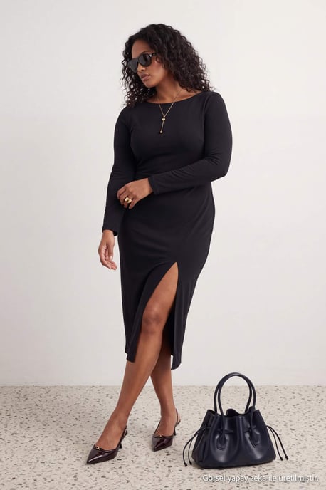Trendyol Curve Damen Midi-Bodycon-Kleid, einfarbig, große Größen - Schwarz - Image 2