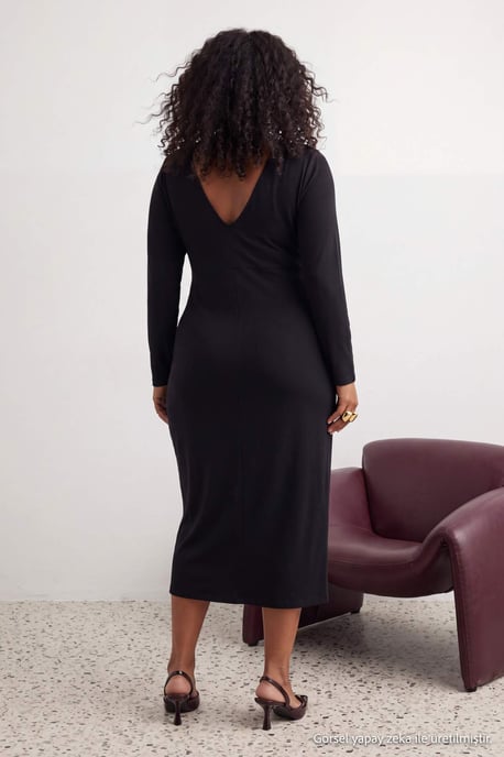 Trendyol Curve Damen Midi-Bodycon-Kleid, einfarbig, große Größen - Schwarz - Image 3