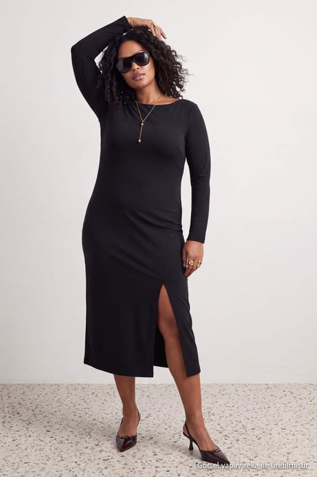 Trendyol Curve Damen Midi-Bodycon-Kleid, einfarbig, große Größen - Schwarz - Image 6