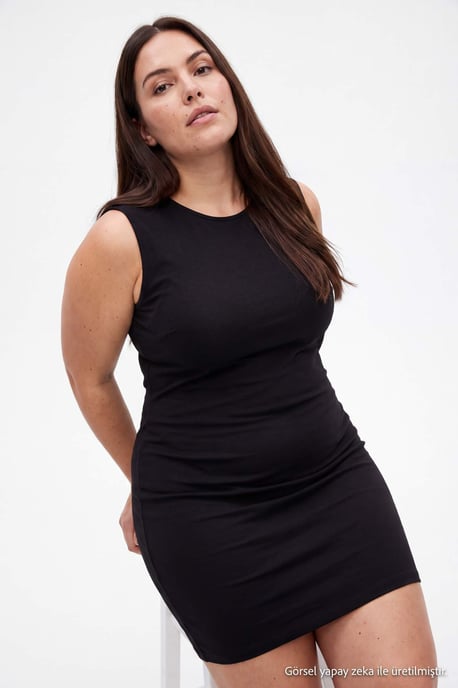 Trendyol Curve Damen Schwarz Einfarbig Midi Ärmellos Etui-Schnitt Große Größen Kleid - Image 1