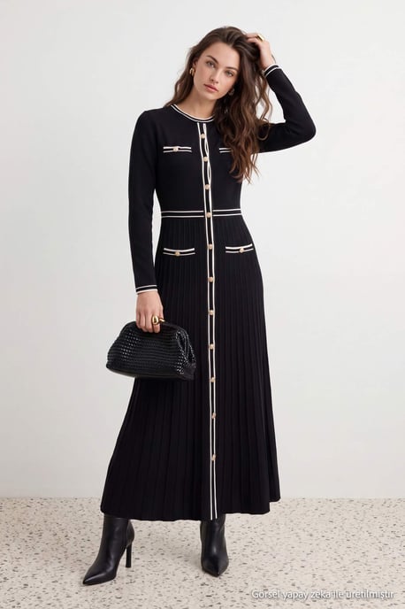 Trendyol Modest Damen Schwarz Colorblock Midi Lang A-Linie Modest Kleider - Image 1