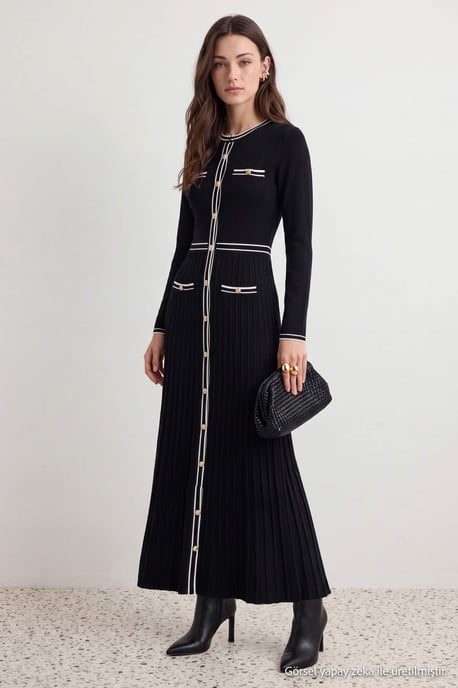 Trendyol Modest Damen Schwarz Colorblock Midi Lang A-Linie Modest Kleider - Image 2