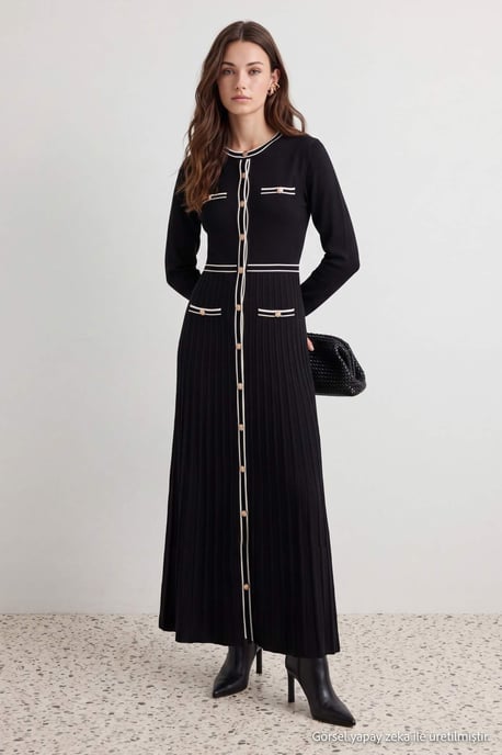 Trendyol Modest Damen Schwarz Colorblock Midi Lang A-Linie Modest Kleider - Image 3