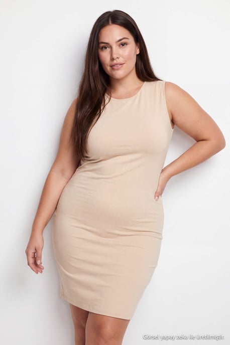 Trendyol Curve Damen Schwarz Einfarbig Midi Ärmellos Etui-Schnitt Große Größen Kleid - Image 2