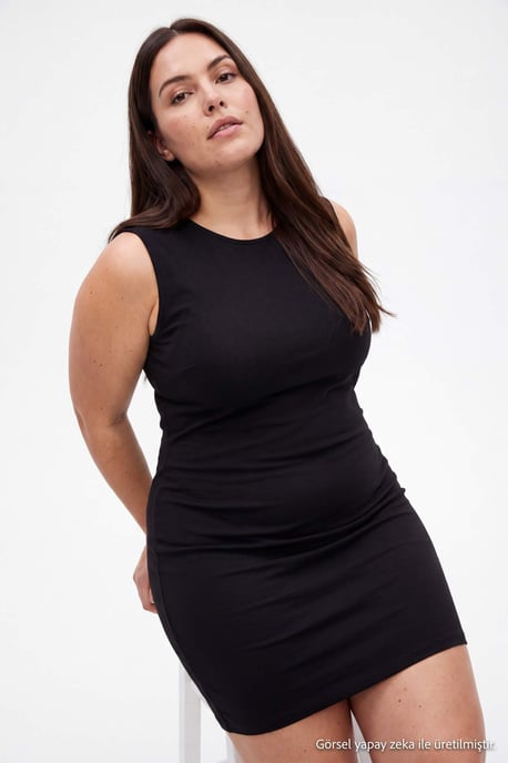 Trendyol Curve Damen Schwarz Einfarbig Midi Ärmellos Etui-Schnitt Große Größen Kleid - Image 3