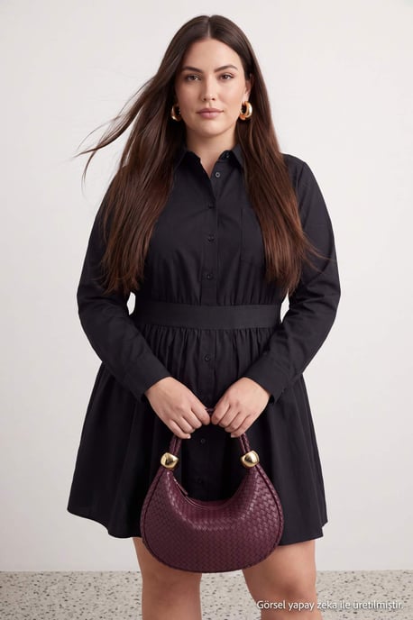 Trendyol Curve Damen Schwarz Einfarbig Kurz / Mini Lang Hemdblusenkleid Große Größen Kleid - Image 2