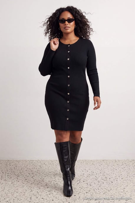 Trendyol Curve Damen Schwarz Einfarbig Kurz / Mini Lang Bodycon Große Größen Kleid - Image 2