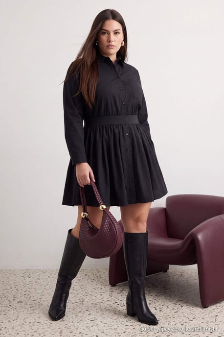 Trendyol Curve Damen Schwarz Einfarbig Kurz / Mini Lang Hemdblusenkleid Große Größen Kleid - Image 6